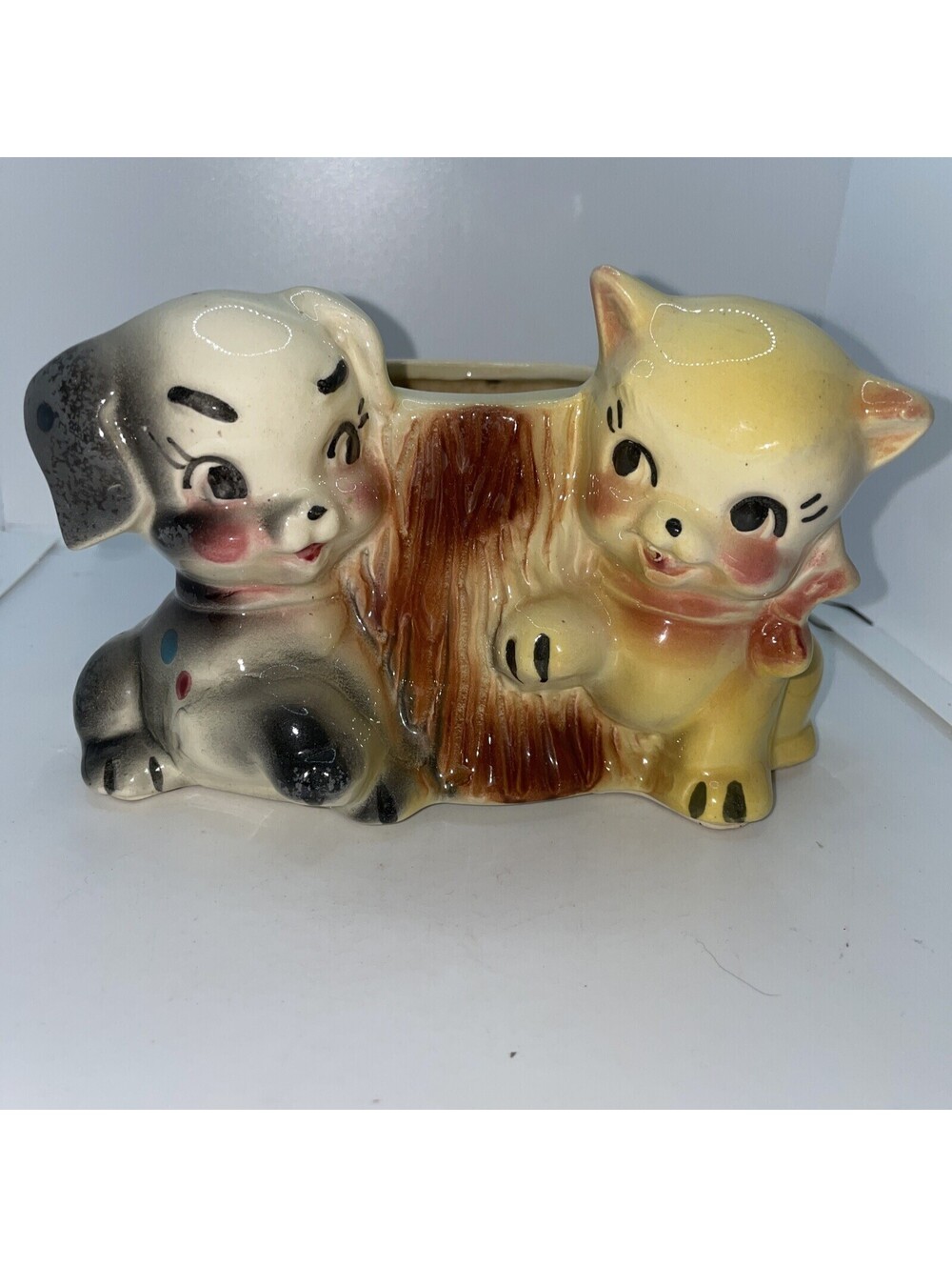 Vintage McCOY pottery vase planter Dog and Cat 4 3/4" tall